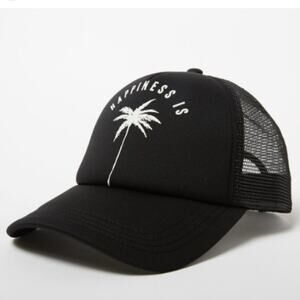 Billabong Across Waves Black Trucker Hat with Palm Tree Design Mesh Backing